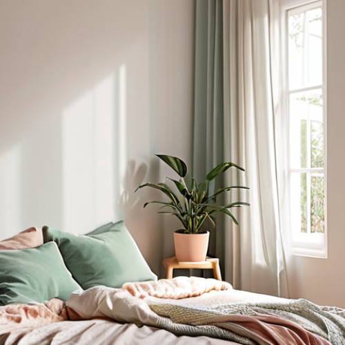 Home 14 ** A cozy bedroom corner with soft, indirect morning light. The bed is positioned at an angle, with sheer curtains filtering sunlight. White walls with pastel accents. A small houseplant sits on a nearby table. Emphasize tranquility and natural light.
**