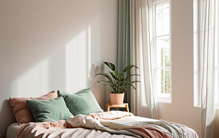 ** A cozy bedroom corner with soft, indirect morning light. The bed is positioned at an angle, with sheer curtains filtering sunlight. White walls with pastel accents. A small houseplant sits on a nearby table. Emphasize tranquility and natural light.
**