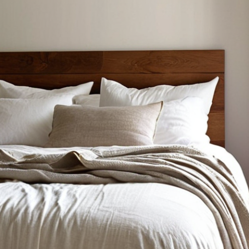 Home 7 **
Prompt: "A perfectly made bed in a sunlit bedroom. Crisp white linen sheets are pulled taut, with plump pillows arranged neatly. A cozy wool blanket is draped casually at the foot of the bed. Soft, diffused light creates a calming and inviting atmosphere. The overall style is clean and minimalist, with a focus on comfort and tranquility."
**