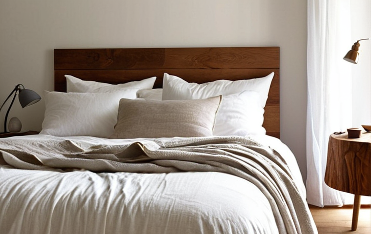 **
Prompt: "A perfectly made bed in a sunlit bedroom. Crisp white linen sheets are pulled taut, with plump pillows arranged neatly. A cozy wool blanket is draped casually at the foot of the bed. Soft, diffused light creates a calming and inviting atmosphere. The overall style is clean and minimalist, with a focus on comfort and tranquility."
**