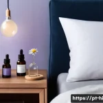 Home 22 아로마 테라피로 수면 질 향상하기 - A serene bedroom scene featuring a cozy, softly lit room with a modern electric diffuser emitting ge...