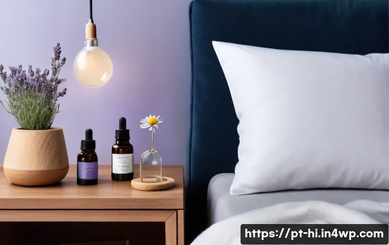 아로마 테라피로 수면 질 향상하기 - A serene bedroom scene featuring a cozy, softly lit room with a modern electric diffuser emitting ge...