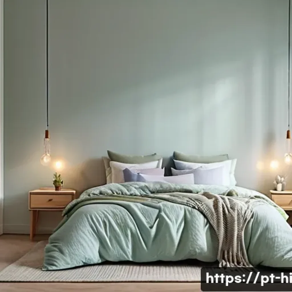 수면 환경을 위한 인테리어 팁 - A serene bedroom interior designed for relaxation and restful sleep, featuring soft pastel color ton...