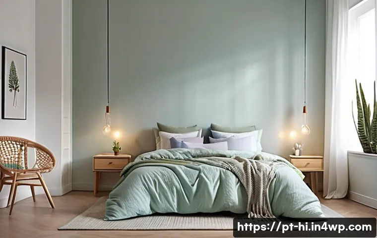수면 환경을 위한 인테리어 팁 - A serene bedroom interior designed for relaxation and restful sleep, featuring soft pastel color ton...