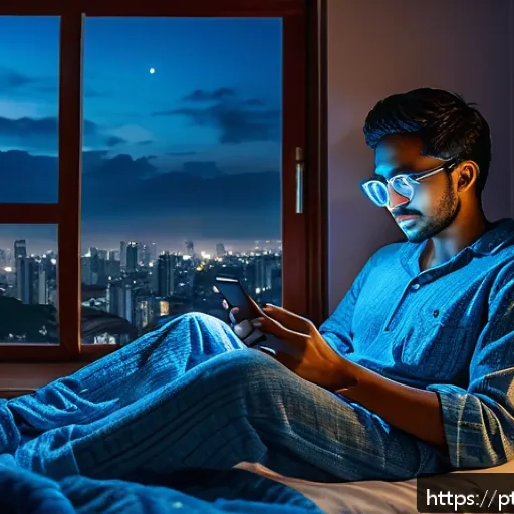 수면 전 스마트폰 사용 시 주의사항 - A cozy bedroom scene in Brazil during nighttime, featuring a young adult sitting on a bed with a sma...
