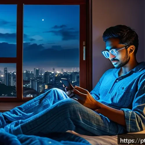 Home 31 수면 전 스마트폰 사용 시 주의사항 - A cozy bedroom scene in Brazil during nighttime, featuring a young adult sitting on a bed with a sma...