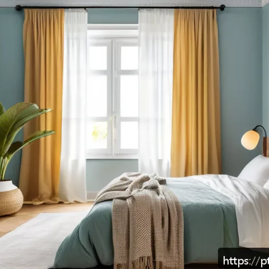 휴식 공간으로서의 침실 활용법 - A cozy, tranquil bedroom designed with soft pastel-colored walls in light blue and beige tones, feat...
