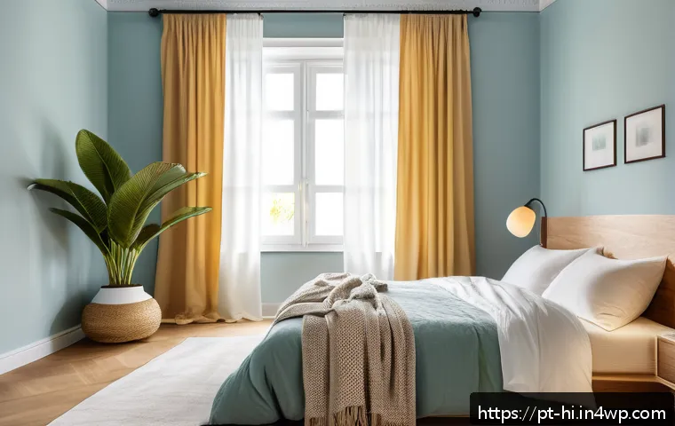 휴식 공간으로서의 침실 활용법 - A cozy, tranquil bedroom designed with soft pastel-colored walls in light blue and beige tones, feat...