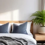 Home 23 수면 환경과 스트레스 감소의 관계 - A cozy, sunlit bedroom in a modern Brazilian apartment, featuring large windows with sheer curtains ...