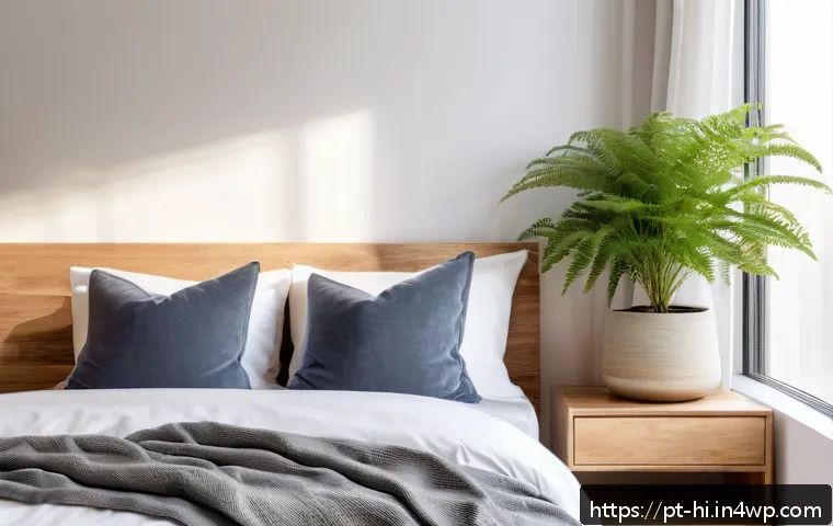 수면 환경과 스트레스 감소의 관계 - A cozy, sunlit bedroom in a modern Brazilian apartment, featuring large windows with sheer curtains ...